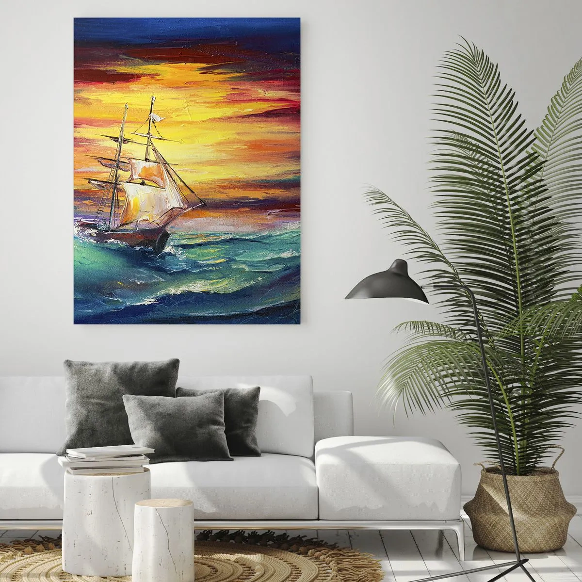 Impression sur verre - Image sur verre - Un navire sur une mer agitée au coucher du soleil - 50x70cm - Courageusement sous les vagues - Décoration murale moderne pour le salon et la chambre ARTTOR