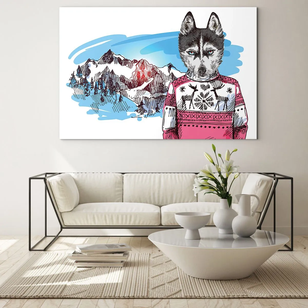 Impression sur verre - Image sur verre - Husky en pull avec des montagnes en arrière-plan - 70x50cm - Un loup en laine de mouton - Décoration murale moderne pour le salon et la chambre ARTTOR