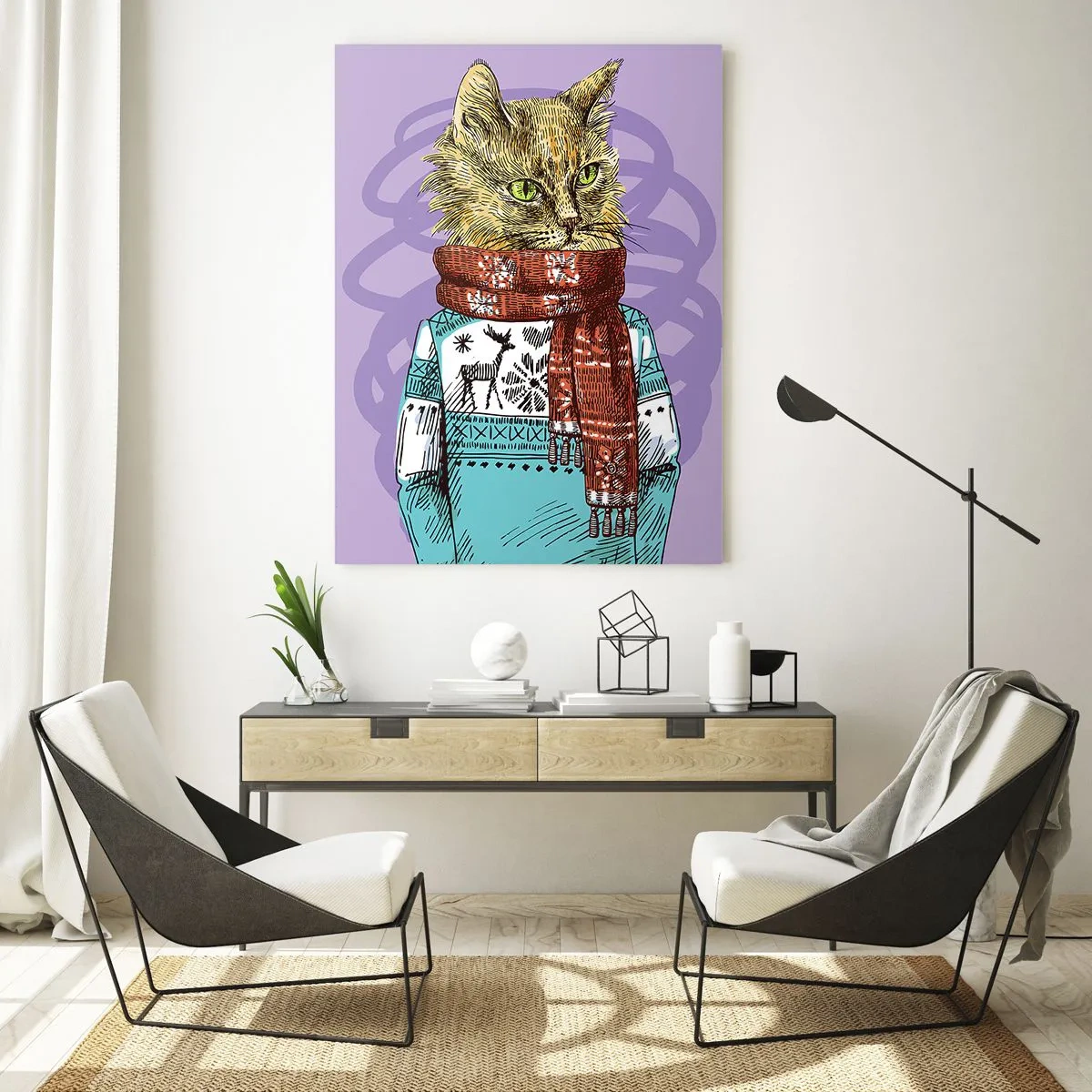 Impression sur verre - Image sur verre - Un chat en pull et écharpe sur fond violet - 80x120cm - Le chat, pas uniquement dans les chaussures - Décoration murale moderne pour le salon et la chambre ARTTOR