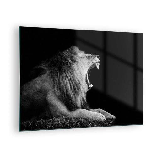 Impression sur verre - Image sur verre - Portrait noir et blanc d'un lion rugissant contre une ombre - 70x50cm - Sans aucun doute - Décoration murale moderne pour le salon et la chambre ARTTOR