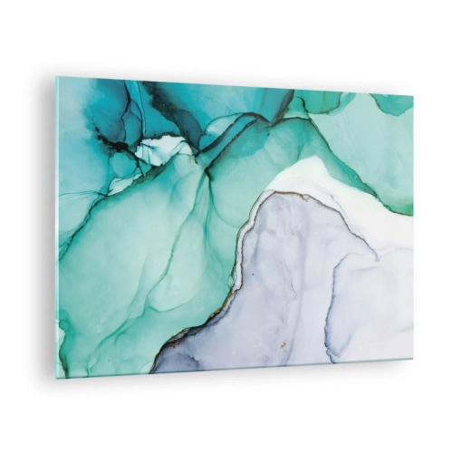 Impression sur verre - Image sur verre - Une peinture abstraite aux tons turquoise et blanc, avec des craquelures délicates. - 70x50cm - Étude de turquoise - Décoration murale moderne pour le salon et la chambre ARTTOR