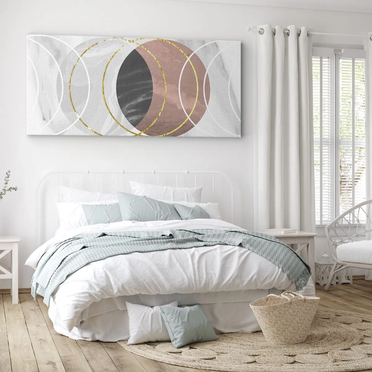 Impression sur toile - Image sur toile - Composition géométrique abstraite avec des cercles et des détails métalliques - 140x50cm - Musique des sphères - Décoration murale moderne pour le salon et la chambre ARTTOR