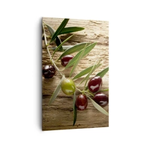 Impression sur toile - Image sur toile - Branche d'olivier avec des fruits sur un fond de bois vieilli - 80x120cm - Directement de la nature - Décoration murale moderne pour le salon et la chambre ARTTOR