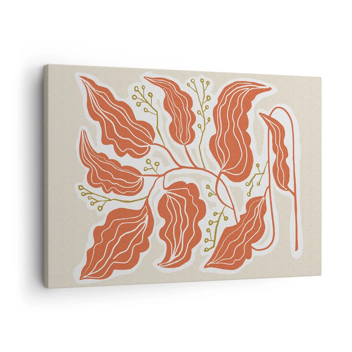 Impression sur toile - Image sur toile - Un motif de feuille minimaliste dans des tons orange et vert. - 70x50cm - Folk et coloré - Décoration murale moderne pour le salon et la chambre ARTTOR