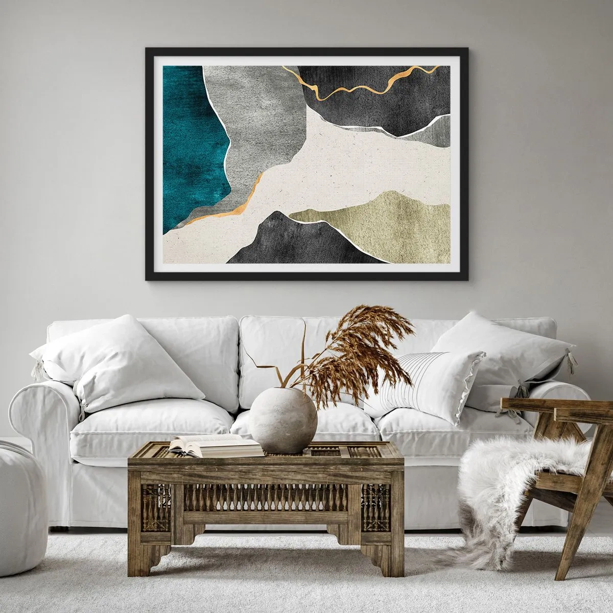 Affiche dans un cadre noir - Poster - Formes géométriques dans les tons de gris, vert et or - 70x50cm - Composition mosaïque avec un fil d'or - Décoration murale moderne pour le salon et la chambre ARTTOR