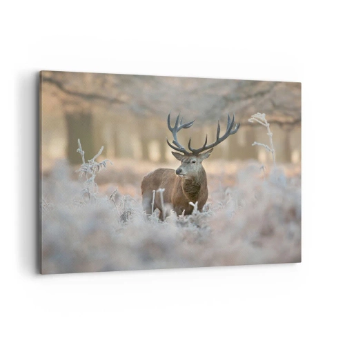 Impression sur toile - Image sur toile - Un cerf dans une clairière givrée dans une forêt hivernale aux couleurs subtiles - 120x80cm - Une matinée animée - Décoration murale moderne pour le salon et la chambre ARTTOR