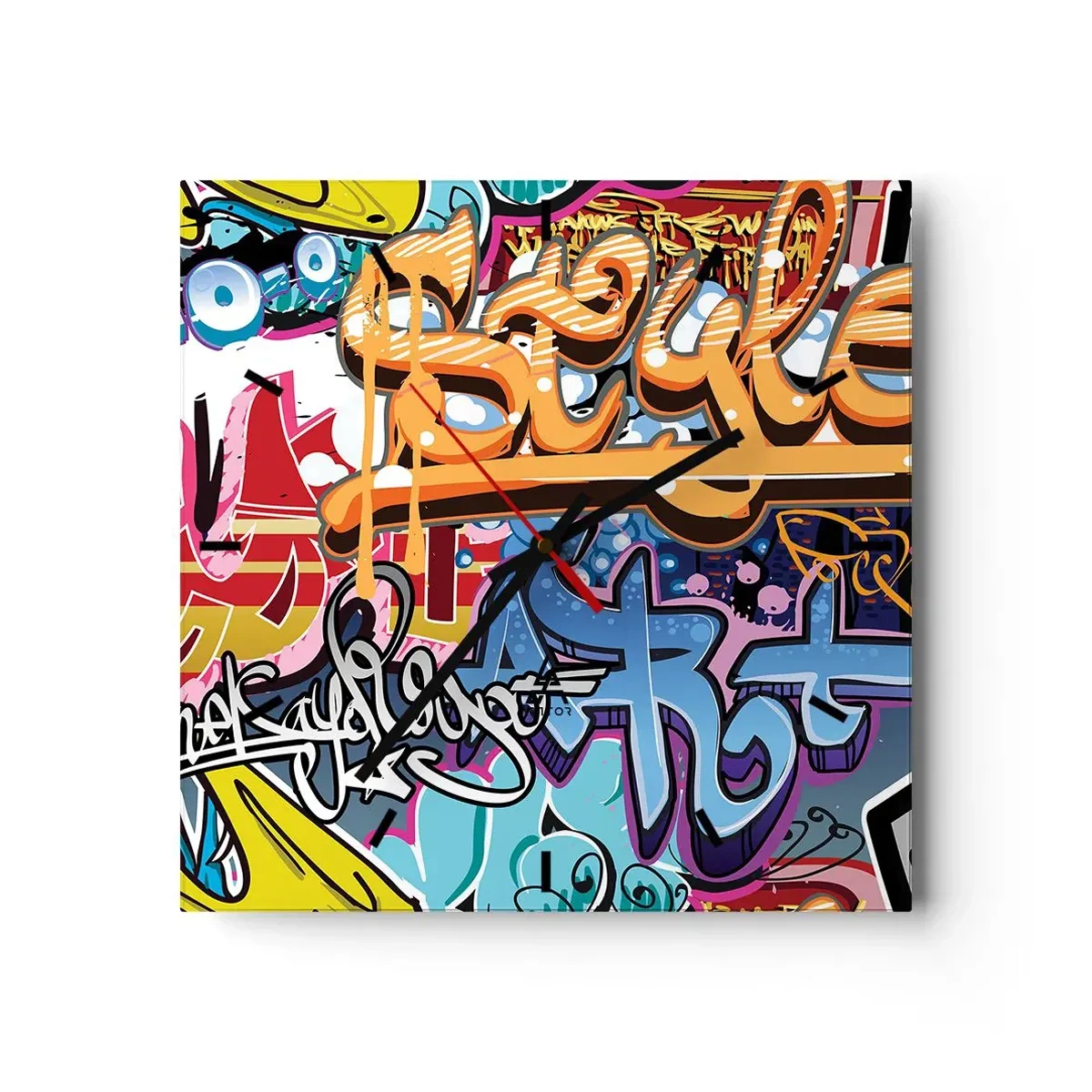 Horloge murale - Pendule murale - Graffitis colorés avec inscriptions et illustrations dynamiques - 30x30cm - Fresques, fresques, fresques… - Décoration murale moderne pour le salon et la chambre ARTTOR