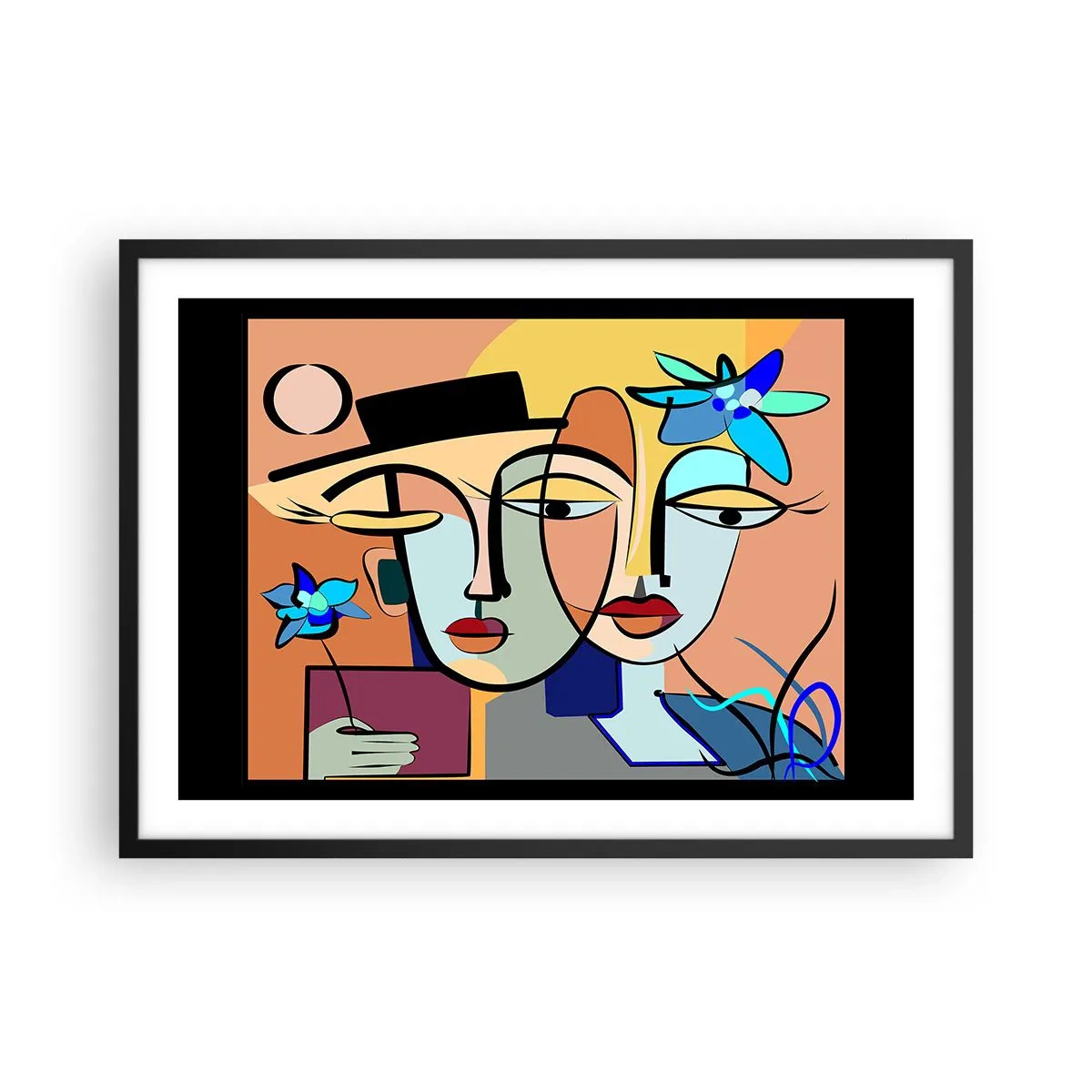 Affiche dans un cadre noir - Poster - Portraits cubistes aux couleurs vives avec un motif floral - 70x50cm - Le Rendez-vous de Picasso - Décoration murale moderne pour le salon et la chambre ARTTOR