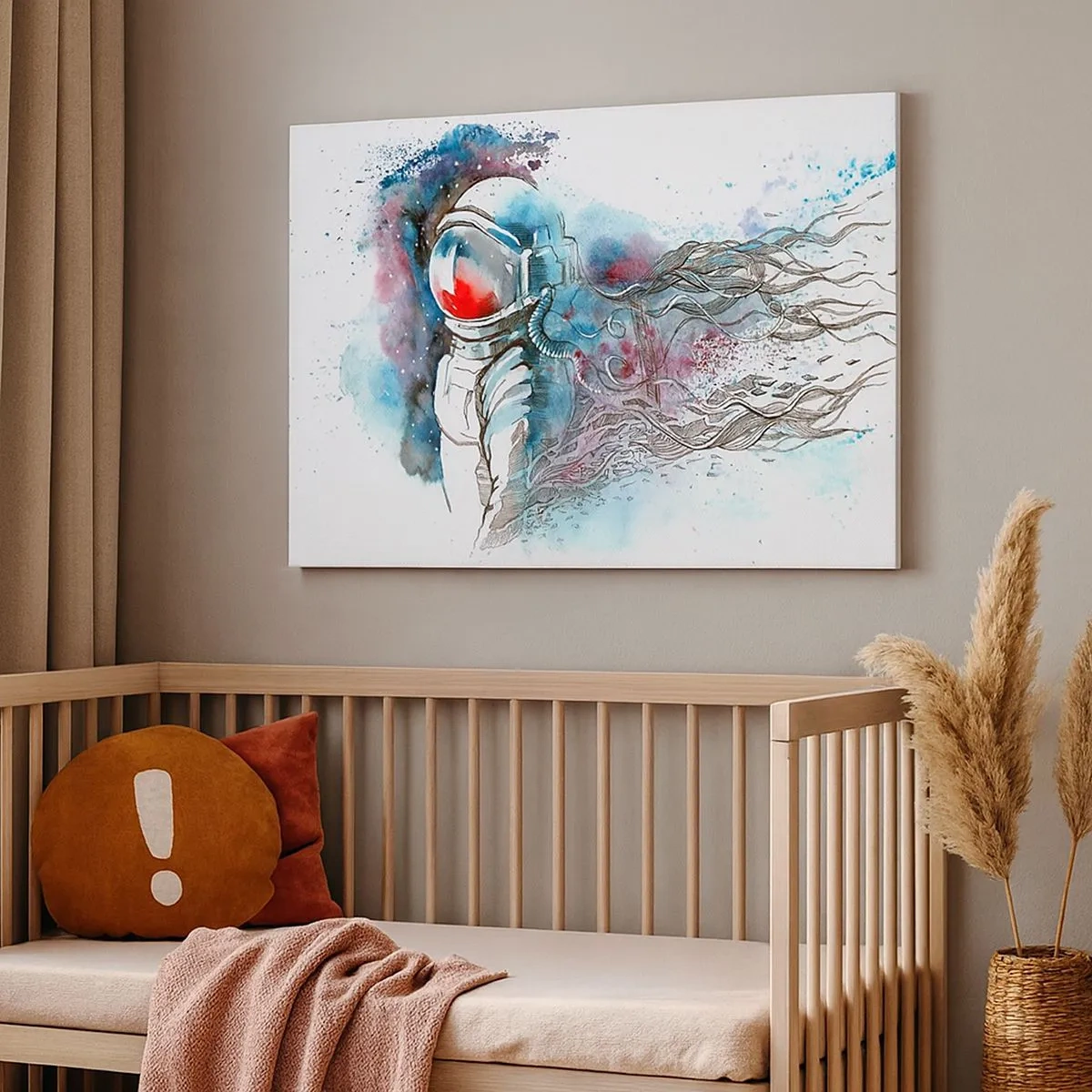 Impression sur toile - Image sur toile - Un cosmonaute dans une aquarelle dynamique avec des détails cosmiques - 70x50cm - Seul avec l'espace - Décoration murale moderne pour le salon et la chambre ARTTOR