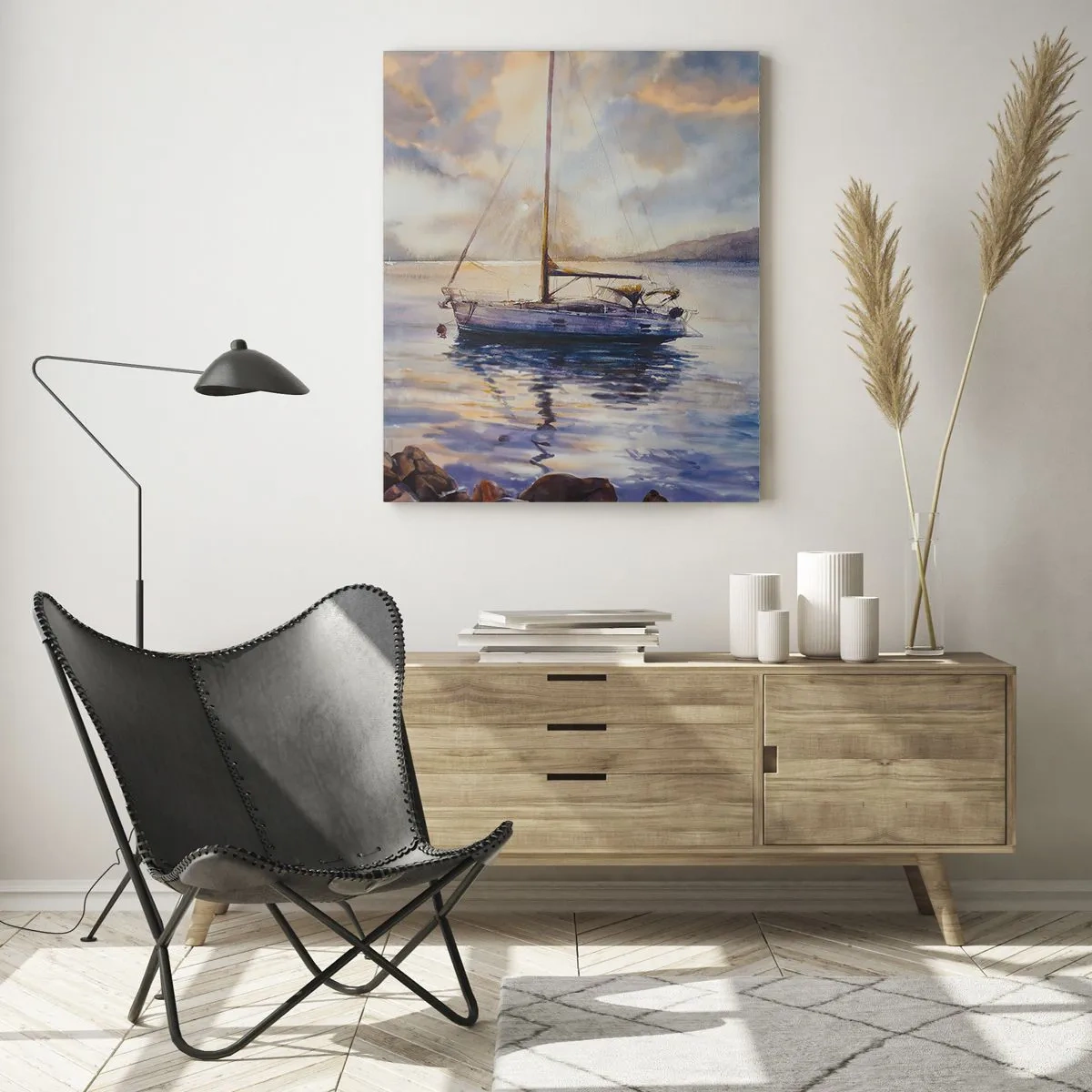 Impression sur verre - Image sur verre - Un yacht sur une mer calme au coucher du soleil - 80x120cm - Soirée sur la baie - Décoration murale moderne pour le salon et la chambre ARTTOR