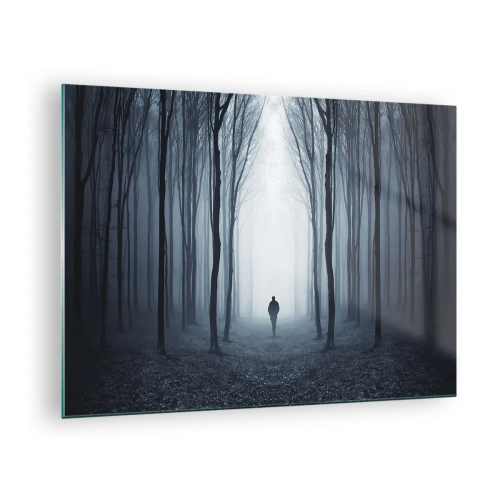Impression sur verre - Image sur verre - Une silhouette dans une forêt sombre avec du brouillard en arrière-plan - 70x50cm - Tout est simple et clair - Décoration murale moderne pour le salon et la chambre ARTTOR