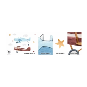 Échantillon de Papier Peint Autocollant Deluxe Sticker - Monsieur le pilote, nous vous attendons ! - Avions, Rétro, Enfants - 100x30 cm