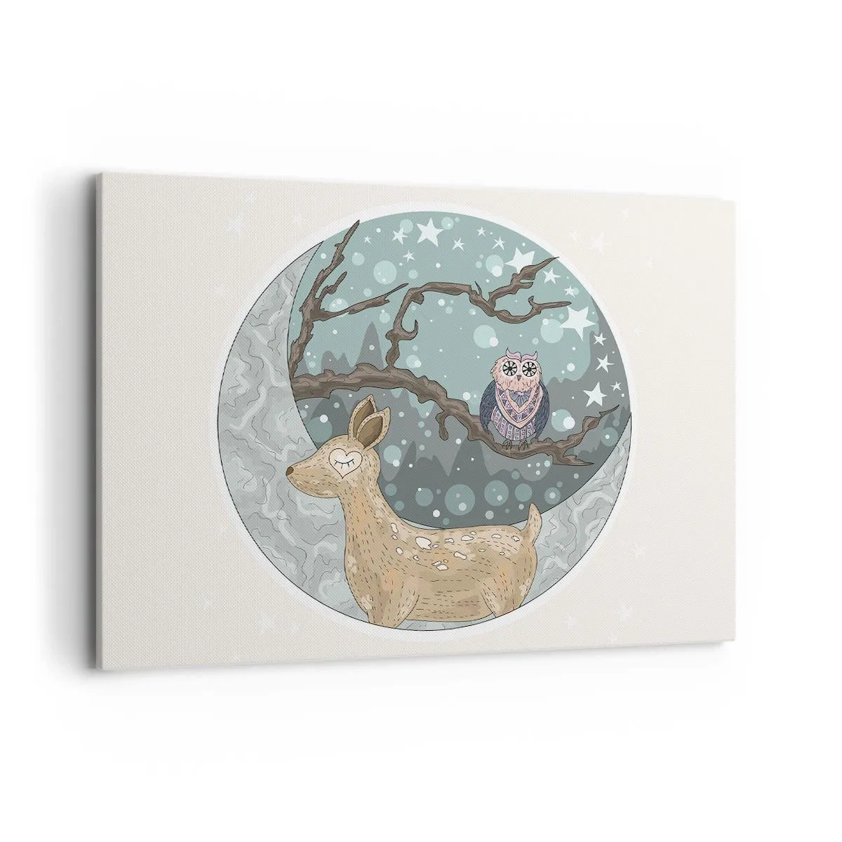 Impression sur toile - Image sur toile - Un cerf et un hibou dans un paysage nocturne de conte de fées - 100x70cm - Une nuit de conte de fées en forêt  - Décoration murale moderne pour le salon et la chambre ARTTOR