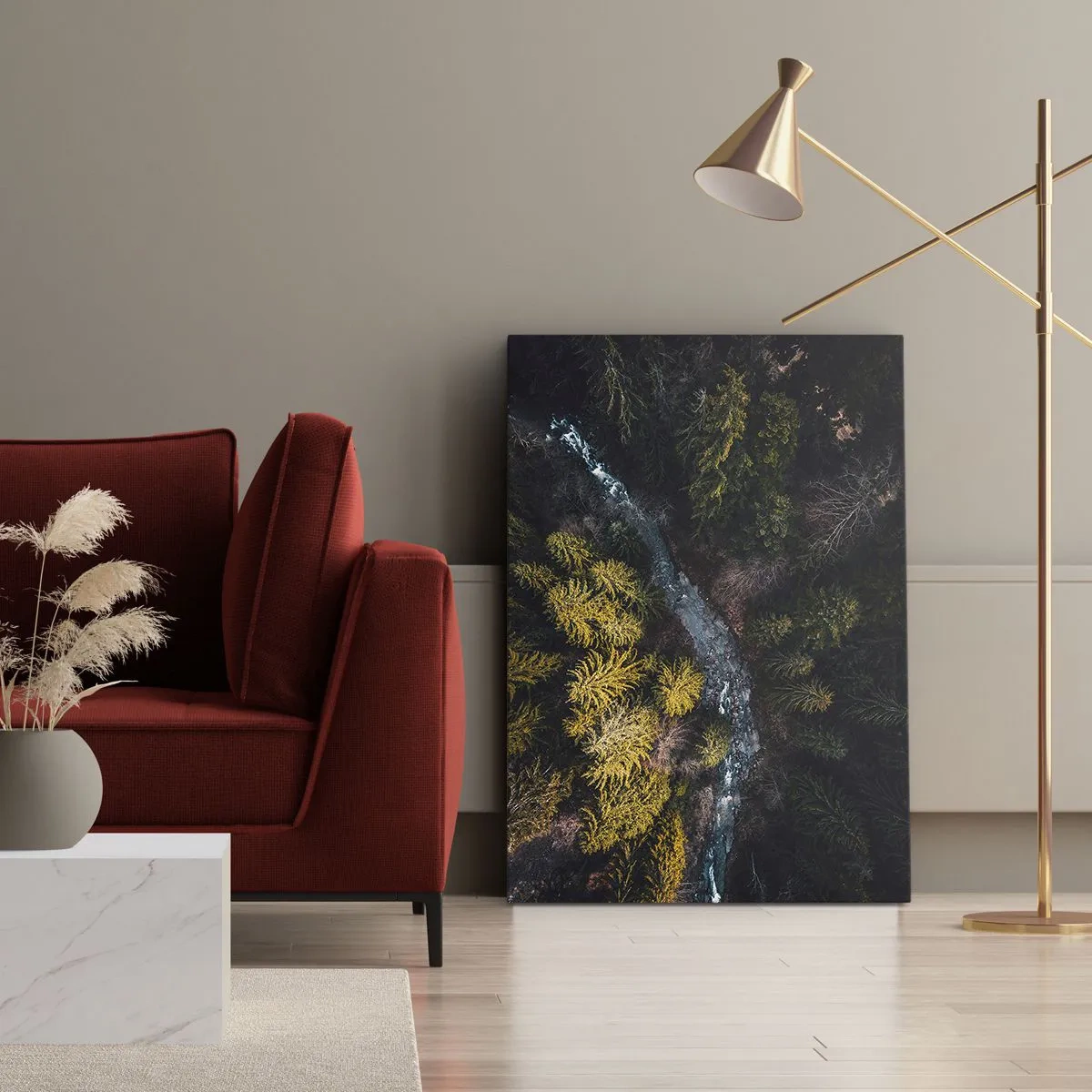 Impression sur toile - Image sur toile - Vue d'en haut d'une forêt avec une rivière sinueuse - 50x70cm - De plus en plus vite - Décoration murale moderne pour le salon et la chambre ARTTOR