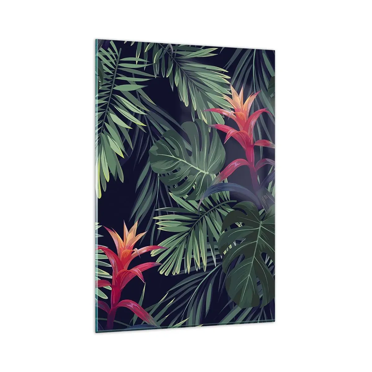 Impression sur verre - Image sur verre - Feuilles et fleurs tropicales sur fond sombre - 80x120cm - immergé dans la nature - Décoration murale moderne pour le salon et la chambre ARTTOR