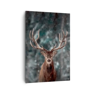 Impression sur toile - Image sur toile - Cerf dans une forêt d'hiver avec de la neige qui tombe - 70x100cm - Roi de la forêt couronné - Décoration murale moderne pour le salon et la chambre ARTTOR