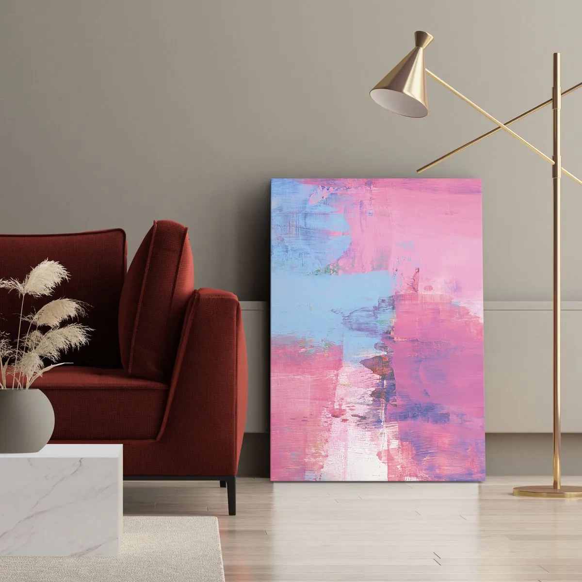 Impression sur toile - Image sur toile - Composition abstraite en rose et bleu - 50x70cm - Du rose, du bleu et une pincée de lumière - Décoration murale moderne pour le salon et la chambre ARTTOR