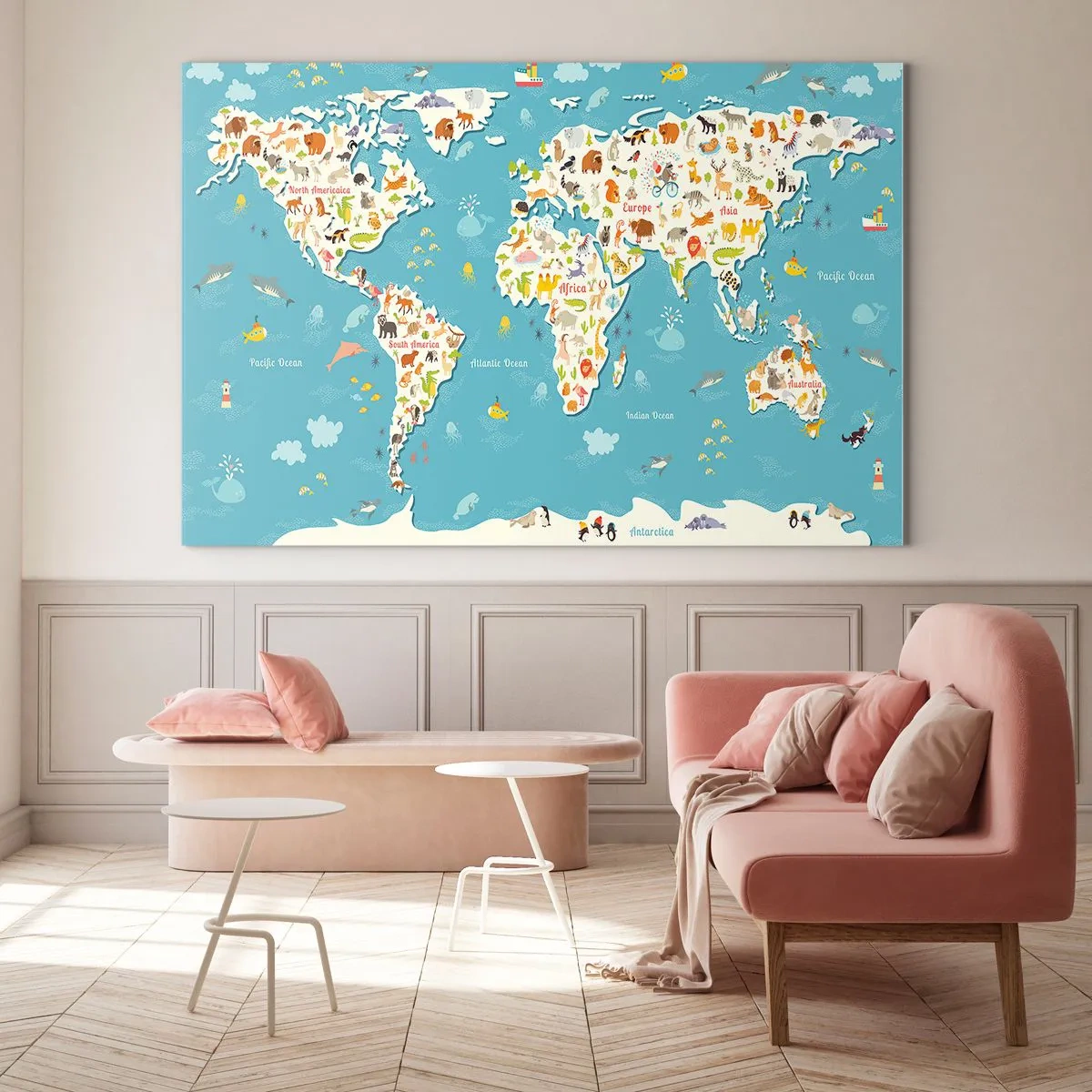 Impression sur verre - Image sur verre - Carte du monde colorée avec des motifs d'animaux et d'océan - 70x50cm - Nous aimons le monde entier - Décoration murale moderne pour le salon et la chambre ARTTOR