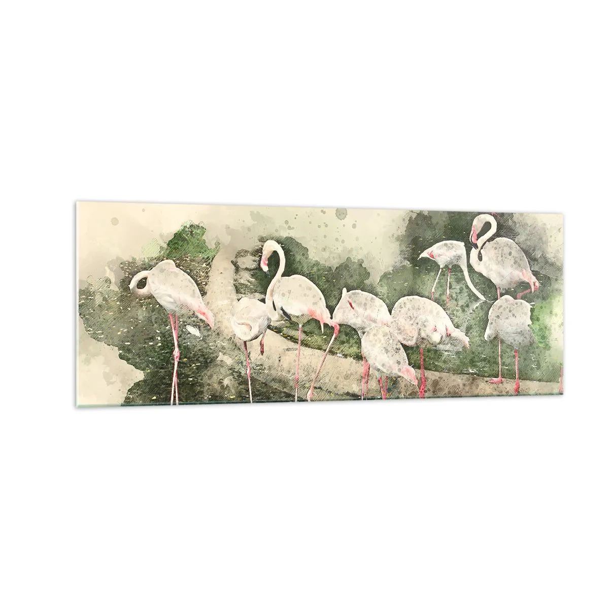 Impression sur verre - Image sur verre - Flamants roses dans leur environnement naturel dans un style aquarelle - 140x50cm - Rêve exotique - Décoration murale moderne pour le salon et la chambre ARTTOR