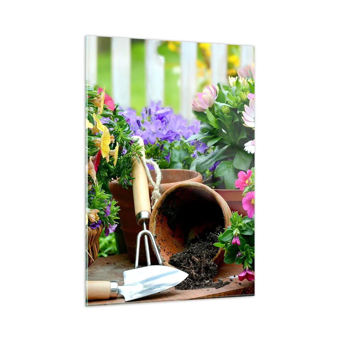 Impression sur verre - Image sur verre - Fleurs colorées dans des pots avec des outils de jardinage - 50x70cm - Le jardin de Zosia - Décoration murale moderne pour le salon et la chambre ARTTOR