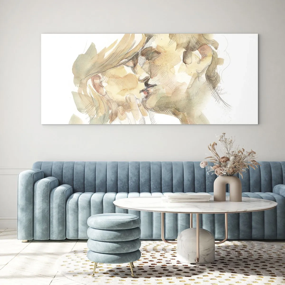 Impression sur verre - Image sur verre - Portrait romantique à l'aquarelle d'un couple s'embrassant - 120x50cm - A moitié trouvé ? - Décoration murale moderne pour le salon et la chambre ARTTOR