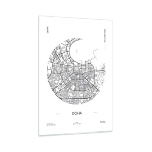 Impression sur verre - Image sur verre - Une carte minimaliste de Doha en noir et blanc avec des détails précis. - 80x120cm - Anatomie de Doha - Décoration murale moderne pour le salon et la chambre ARTTOR