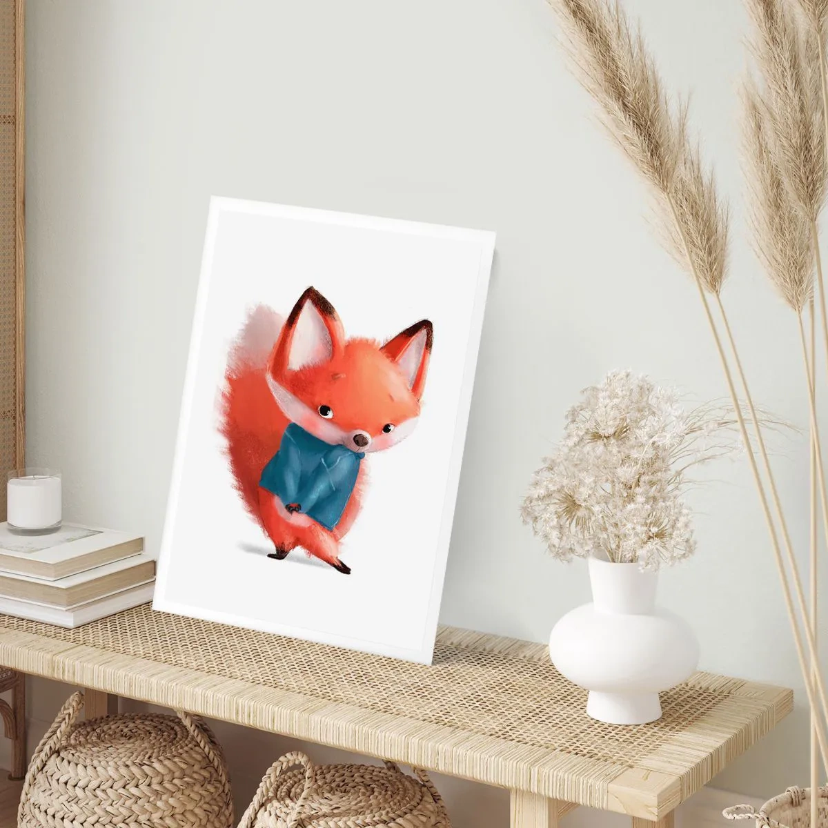 Affiche - Poster - Un charmant renard roux dans un pull bleu - 50x70cm - Est-ce que ça me va? - Décoration murale moderne pour le salon et la chambre ARTTOR