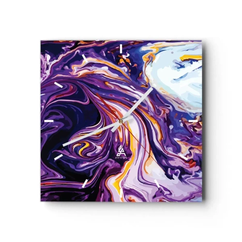 Horloge murale - Pendule murale - Un motif abstrait dynamique dans des tons de violet et de jaune. - 30x30cm - La courbure de l'espace en violet - Décoration murale moderne pour le salon et la chambre ARTTOR