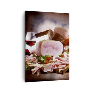 Impression sur toile - Image sur toile - Charcuterie au vin sur fond rustique - 70x100cm - Un rêve culinaire avec une carafe - Décoration murale moderne pour le salon et la chambre ARTTOR