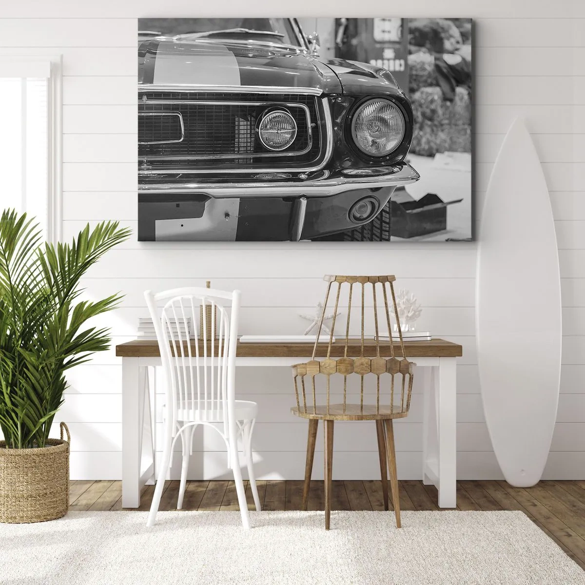 Impression sur toile - Image sur toile - Capot de voiture classique noir et blanc - 100x70cm - Conduire dur - Décoration murale moderne pour le salon et la chambre ARTTOR