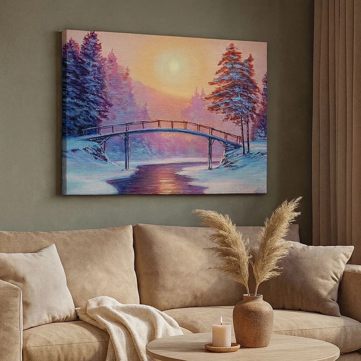 Impression sur toile - Image sur toile - Paysage d'hiver avec un pont illuminé par le coucher du soleil - 70x50cm - Quatre saisons - hiver - Décoration murale moderne pour le salon et la chambre ARTTOR