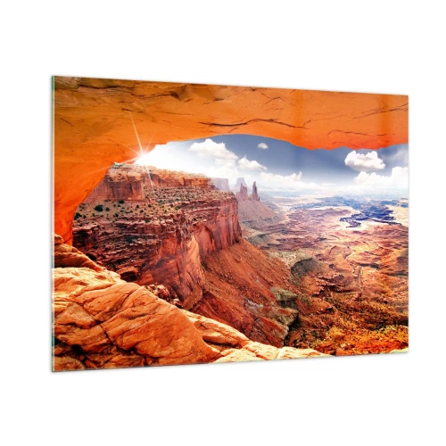 Impression sur verre - Image sur verre - Vue du canyon à travers une arche rocheuse avec les rayons du soleil - 100x70cm - Sculpté par la nature elle-même - Décoration murale moderne pour le salon et la chambre ARTTOR