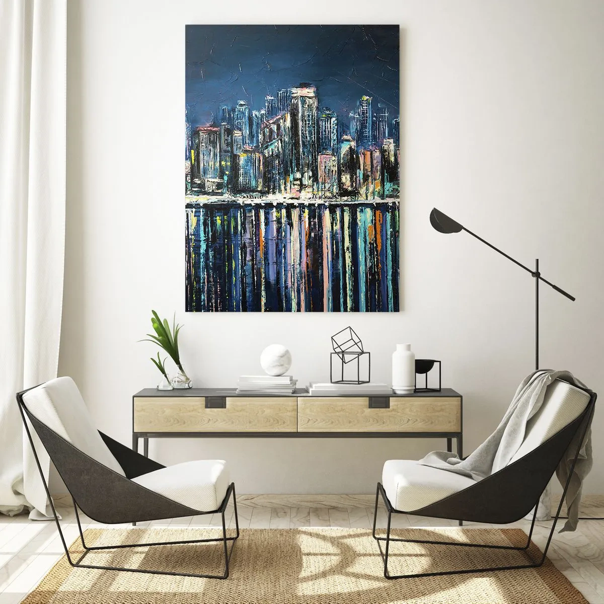 Impression sur verre - Image sur verre - Panorama de la ville la nuit avec les lumières se reflétant dans l'eau - 50x70cm - Cascade de lumières - Décoration murale moderne pour le salon et la chambre ARTTOR