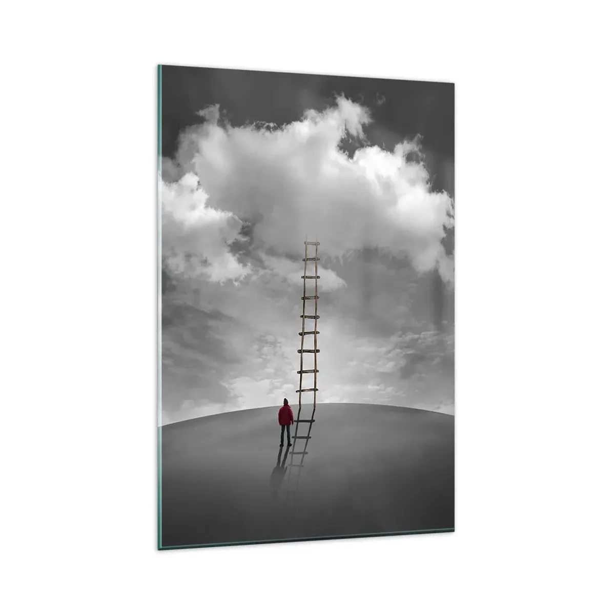 Impression sur verre - Image sur verre - Une personne portant un manteau rouge et une échelle menant à un nuage - 80x120cm - Tout est possible - Décoration murale moderne pour le salon et la chambre ARTTOR