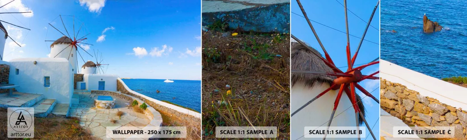 Échantillon De Papier Peint Standard Eco - Le vent bleu de la mer - Architecture, Paysage, Grèce - 100x30 cm