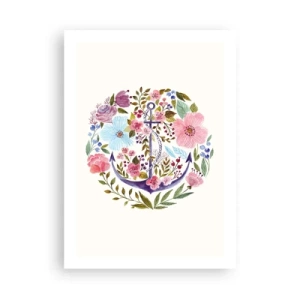 Affiche - Poster - Une ancre aquarelle entourée de fleurs sur un fond clair. - 50x70cm - Le beau rêve du marin - Décoration murale moderne pour le salon et la chambre ARTTOR