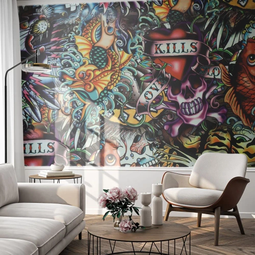 Papier Peint Photo Premium Canvas - Œuvre d'art colorée de style tatouage avec des crânes et des motifs nautiques - 100x70cm - Le rêve du tatoueur - Décoration murale moderne pour le salon et la chambre ARTTOR
