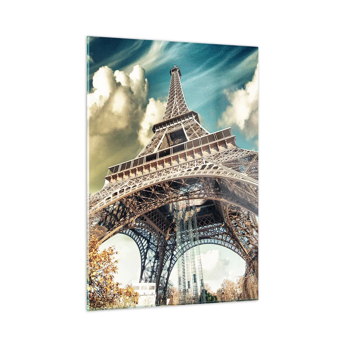 Impression sur verre - Image sur verre - La Tour Eiffel dans un paysage d'automne contre un ciel dynamique - 50x70cm - Et en automne à Paris... - Décoration murale moderne pour le salon et la chambre ARTTOR