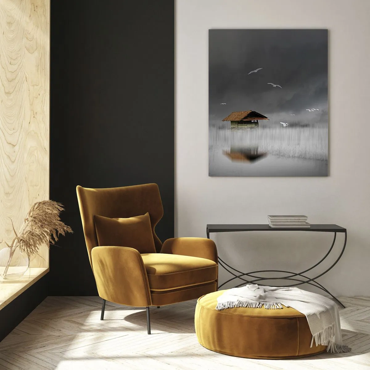 Impression sur verre - Image sur verre - Un chalet solitaire sur l'eau entouré de brouillard et d'oiseaux - 70x100cm - A l'abri de la pluie - Décoration murale moderne pour le salon et la chambre ARTTOR