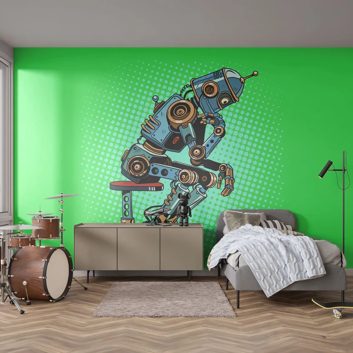 Papier Peint Photo Premium Sand - Robot pensant de style pop art sur fond vert - 100x70cm - Au-dessus de l'essence de l'être - Décoration murale moderne pour le salon et la chambre ARTTOR