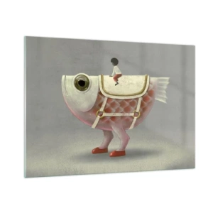 Impression sur verre - Image sur verre - Une figure chevauchant un poisson rose avec des jambes et une selle - 100x70cm - Le cavalier poisson - Décoration murale moderne pour le salon et la chambre ARTTOR