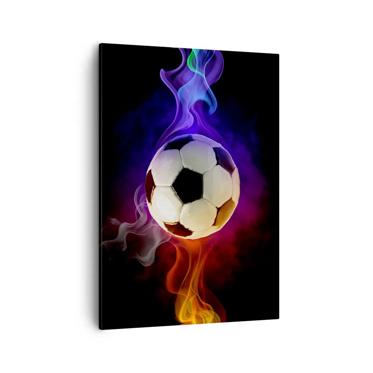 Impression sur toile - Image sur toile - Un ballon de football entouré d'effets de fumée colorés sur un fond sombre. - 50x70cm - Le pouvoir magique du jeu - Décoration murale moderne pour le salon et la chambre ARTTOR