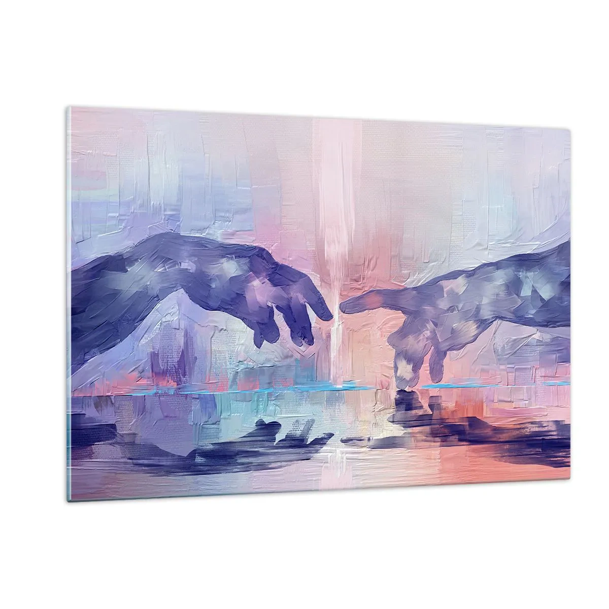 Impression sur verre - Image sur verre - Mains abstraites s'approchant l'une de l'autre sur un fond pastel. - 120x80cm - Divine étincelle de vie - Décoration murale moderne pour le salon et la chambre ARTTOR