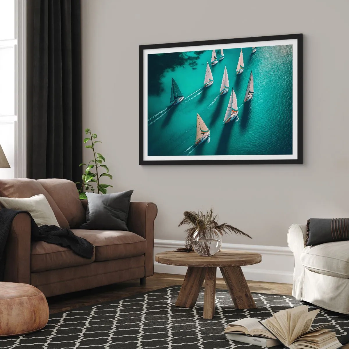 Affiche dans un cadre noir - Poster - Yachts sur l'eau turquoise en mouvement dynamique - 100x70cm - Dans une compétition avec le vent - Décoration murale moderne pour le salon et la chambre ARTTOR