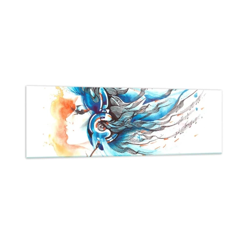 Impression sur verre - Image sur verre - Graphique artistique d'une femme portant des écouteurs avec des accents musicaux - 160x50cm - Que la musique joue - Décoration murale moderne pour le salon et la chambre ARTTOR