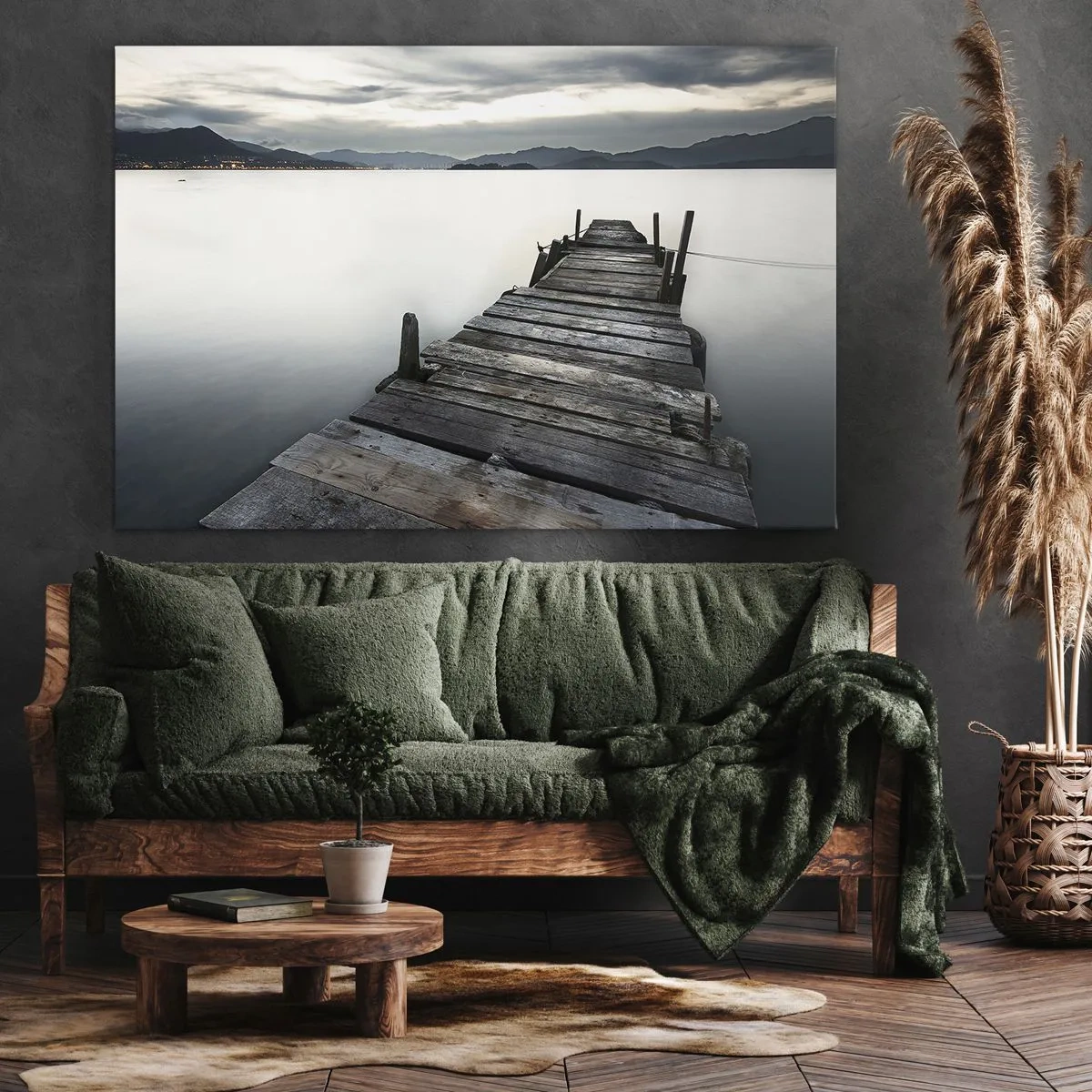 Impression sur toile - Image sur toile - Un pont en bois menant vers un lac tranquille - 120x80cm - Immergez-vous dans la paix - Décoration murale moderne pour le salon et la chambre ARTTOR