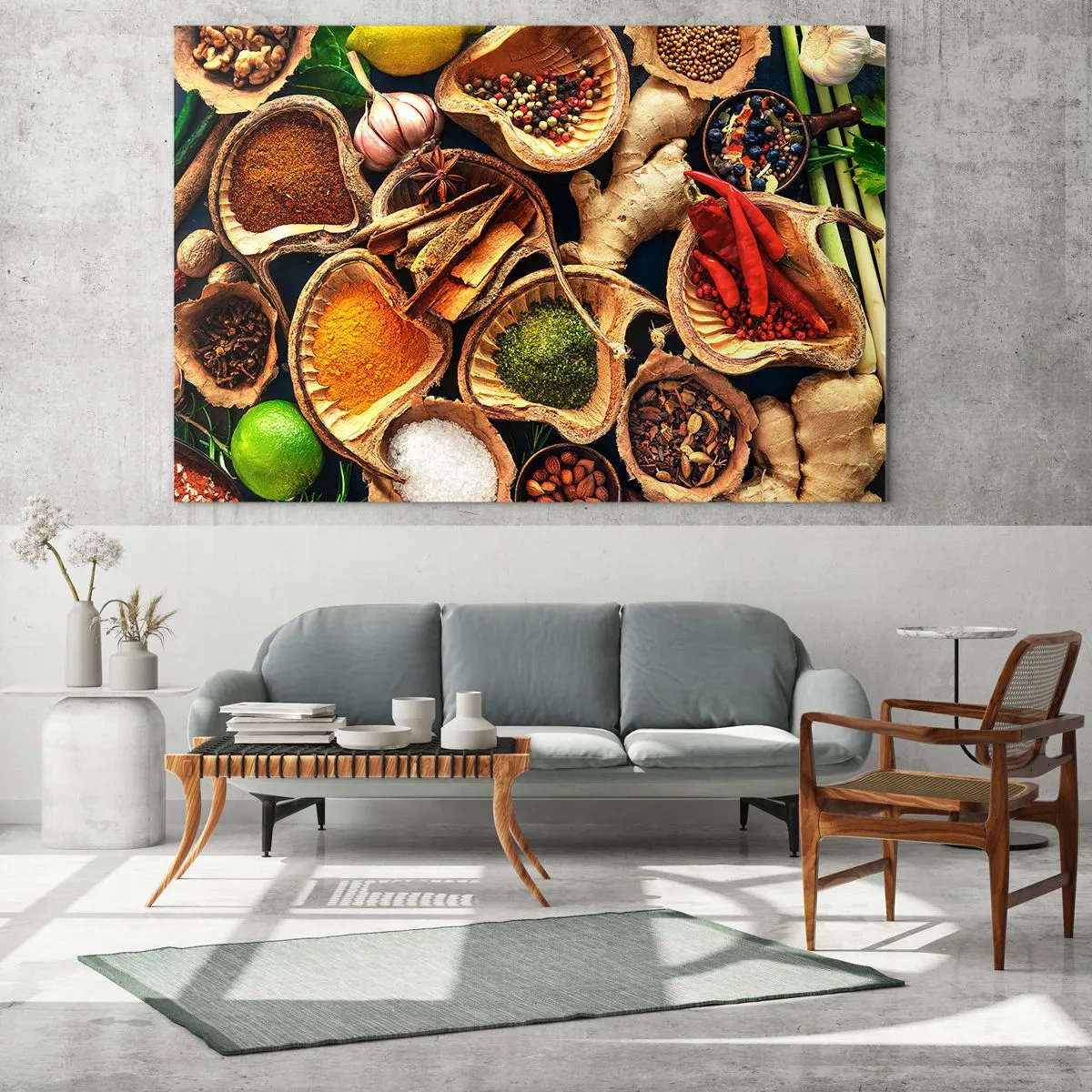 Impression sur verre - Image sur verre - Épices colorées dans des contenants naturels avec additifs - 70x50cm - Prends ce que tu veux - Décoration murale moderne pour le salon et la chambre ARTTOR