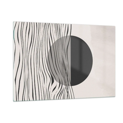 Impression sur verre - Image sur verre - Des vagues noires et un cercle sur fond beige - 120x80cm - Demi composition - Décoration murale moderne pour le salon et la chambre ARTTOR