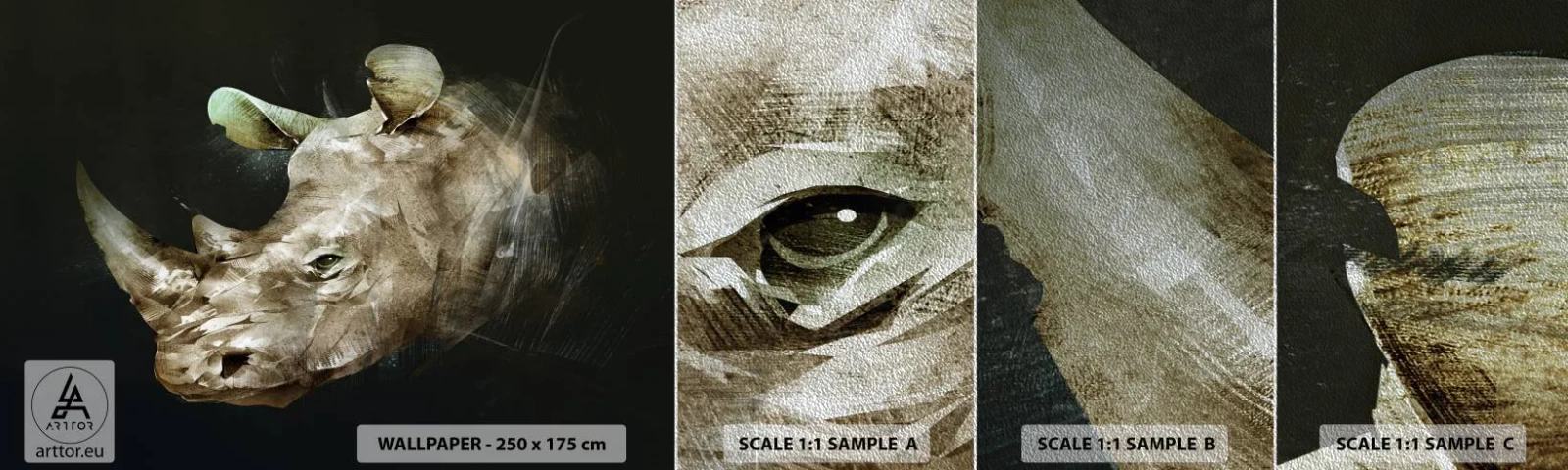 Échantillon de Papier Peint Premium Sand - La force vraiment masculine - Abstraction, Rhinocéros, Animaux - 100x30 cm