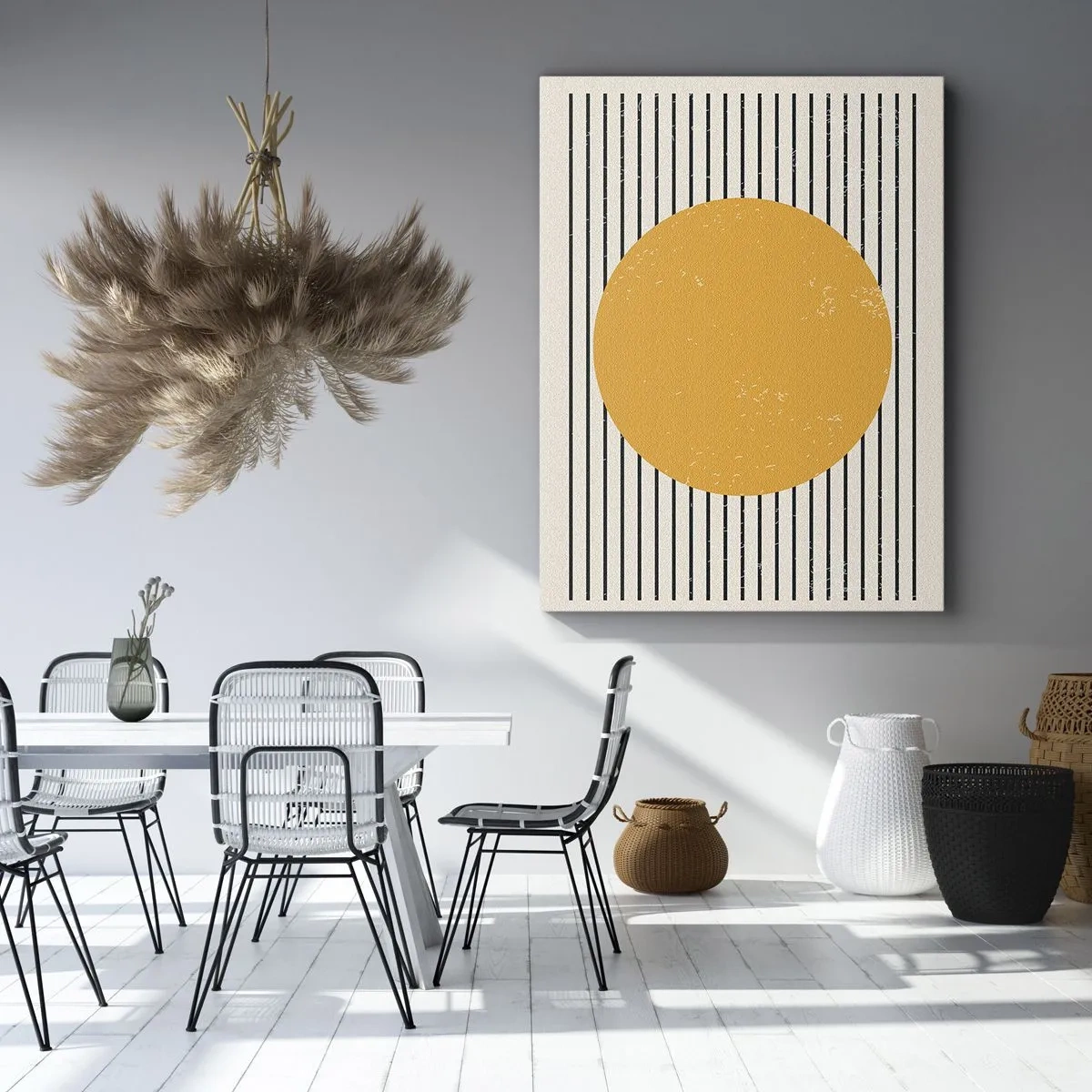 Impression sur toile - Image sur toile - Un cercle jaune sur un fond de lignes horizontales noires et blanches - 70x100cm - Le pouvoir de la simplicité - Décoration murale moderne pour le salon et la chambre ARTTOR